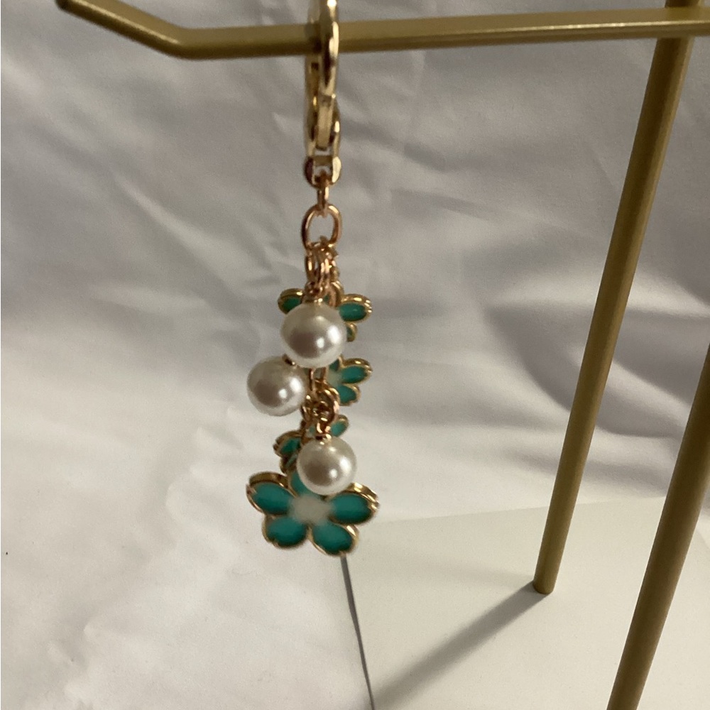 Elegant Gold and Turquoise Floral Pearl Bag Charm